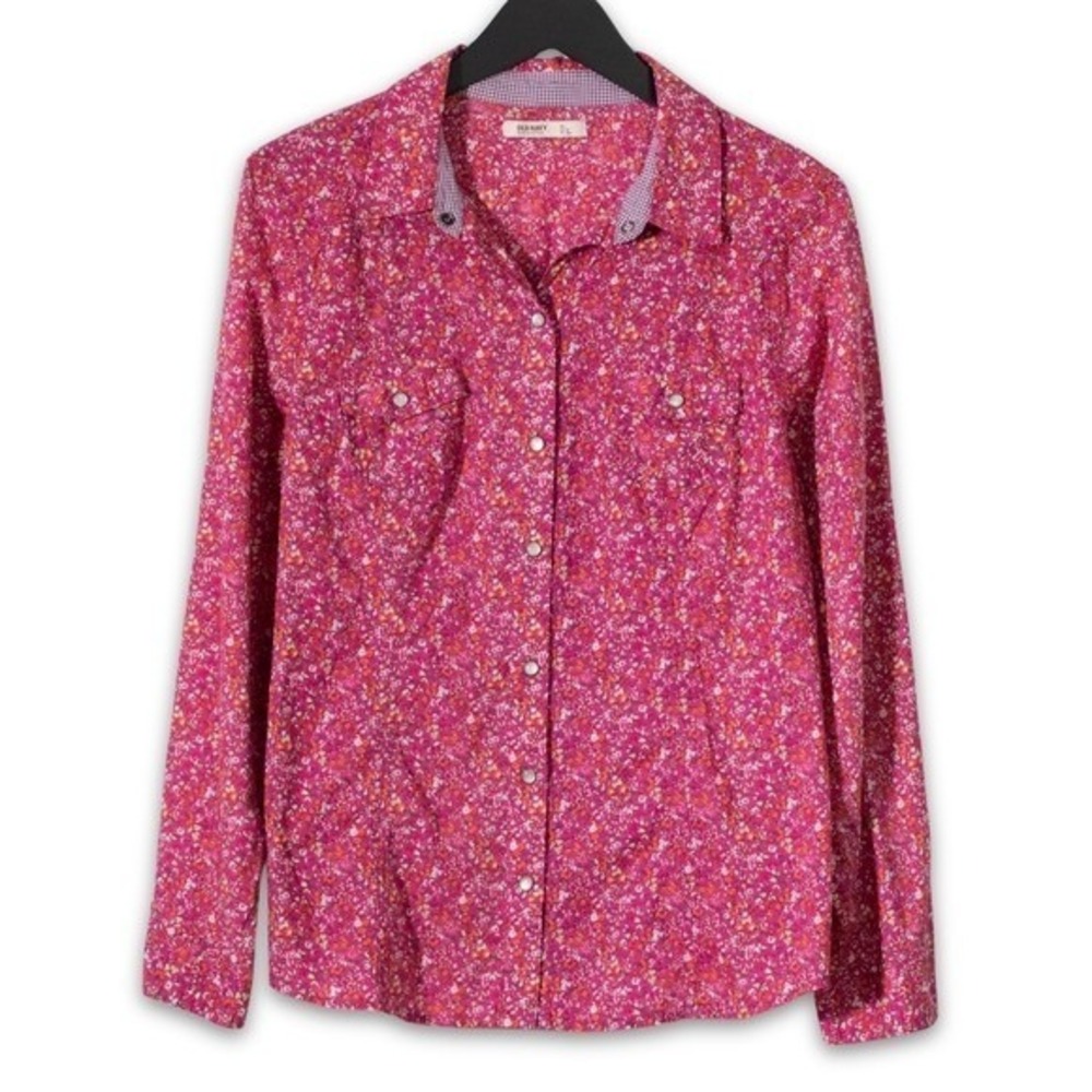 Old Navy Button Down Shirt‎ Womens L Pink Floral Long Sleeve Top Snaps Western